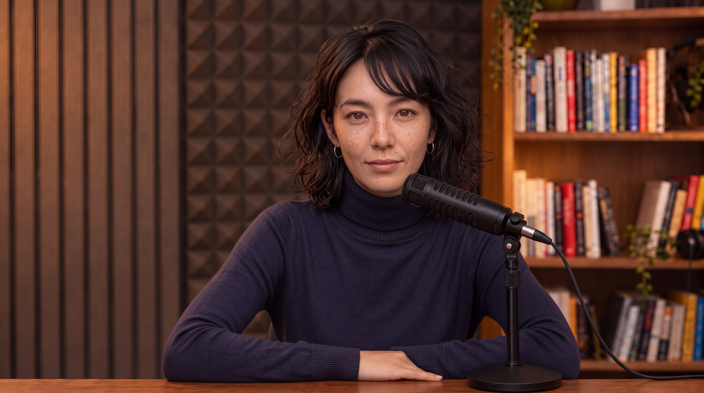 Aiko, seated at a microphone in a sound-treated studio, a deep indigo turtleneck against a wood slat wall and a shelf of books.