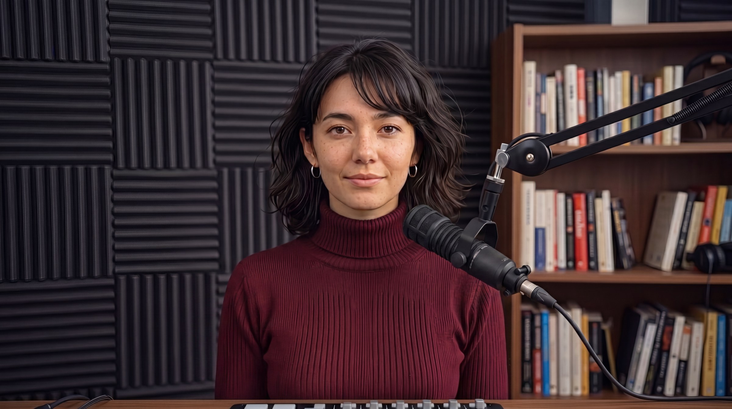 Aiko, seated at a microphone in a sound-treated studio, a maroon turtleneck against a wall of bookshelves.